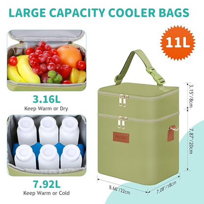 PIIOSER Breastmilk Cooler Bag with Ice Pack Fits 6 Baby Bottles Up to 9 Ounce, Insulated Baby Bottle Tote Bags, Double Layer Waterproof Leak-Proof with Shoulder Strap for Nursing & Working Mom (Green)