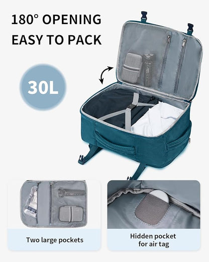 ECOHUB Travel Backpack for Women, 18x14x8 Spirit Airlines Personal Item Bag with Clear Toiletry Bag, Laptop Carry on Backpack with USB Port, Airline Approved Under Seat 14 Pockets, Blue Green