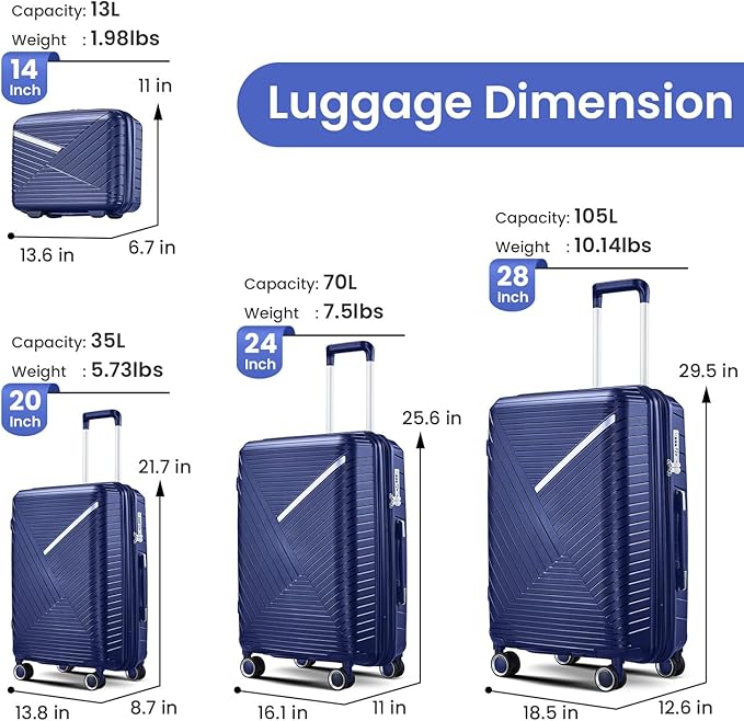 Merax Luggage 4 Piece Set Hardside Expandable Suitcase Set with Case,Travel Luggagewith Spinner Wheels,Airplane Approved Carry On Luggage Sets,Navy Blue1,14/20/24/28
