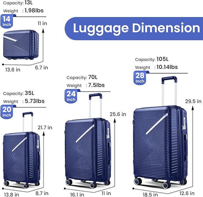 Merax Luggage 4 Piece Set Hardside Expandable Suitcase Set with Case,Travel Luggagewith Spinner Wheels,Airplane Approved Carry On Luggage Sets,Navy Blue1,14/20/24/28