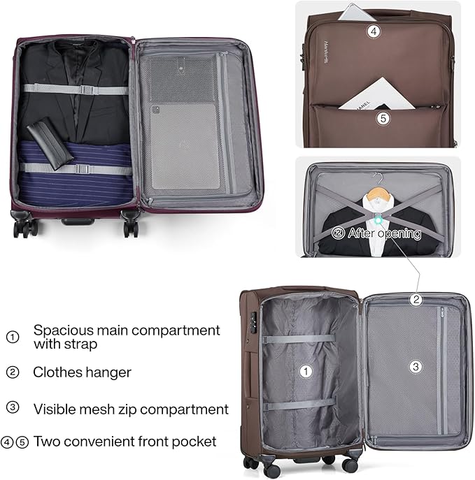 Hanke Softside Expandable 20 Inch Carry On Luggage with Wheels Airline Approved, TSA Luggage Lightweight Rolling Suitcases for Travel Carry On Bag(Coffee)