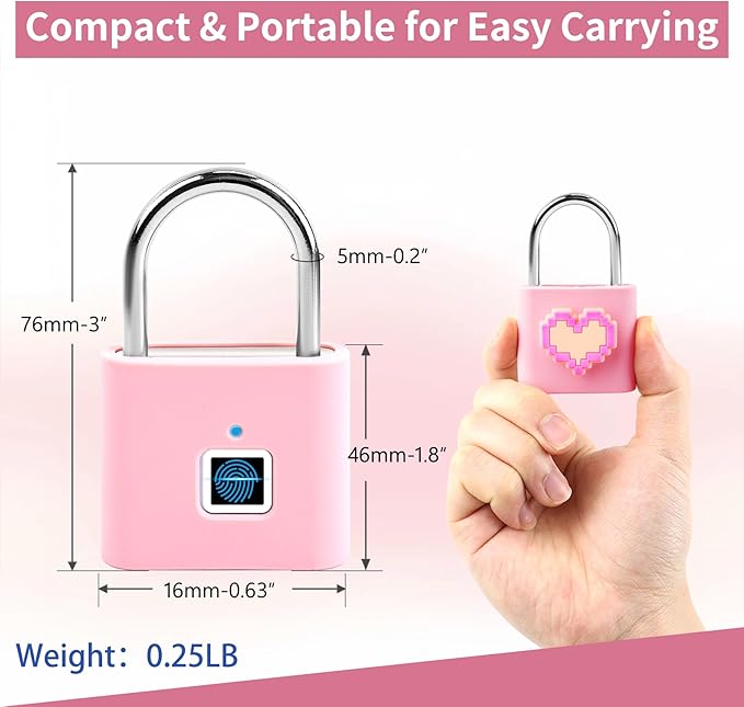 UMIKSMART Smart Fingerprint Lock, Combination Keyless Padlock with USB Charging, Waterproof for Bike, School Locker, Gym, Luggage, Storage, Sweet Pink Set
