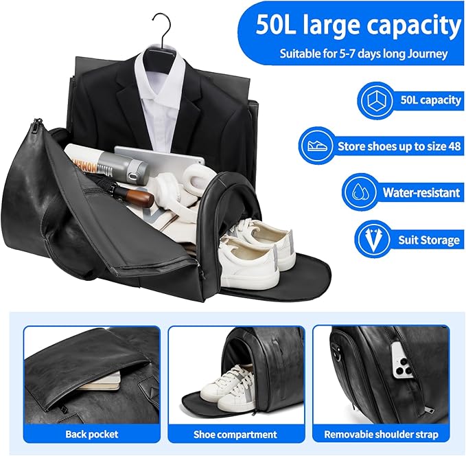 Leather Garment Bag，Convertible Garment Duffel Bag for Travel Mens Suit Bag 2 in 1 Waterproof Foldable Carry on Garment Bag with Shoulder Strap Weekender Bag with Shoe Pouch
