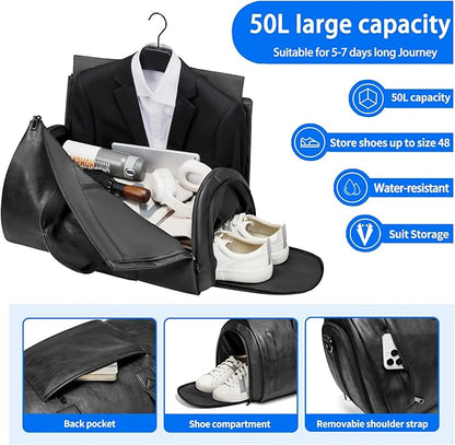 Leather Garment Bag，Convertible Garment Duffel Bag for Travel Mens Suit Bag 2 in 1 Waterproof Foldable Carry on Garment Bag with Shoulder Strap Weekender Bag with Shoe Pouch
