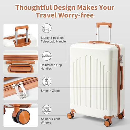 Karl home 24in Checked Luggage with TSA Lock, ABS Hardshell Check-in Suitcase with Spinner Wheels, Durable Medium Suitcase Rolling Luggage for Business Travel, White & Brown