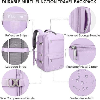 BALEINE Travel Backpack for Women Men, Large Sturdy Carry On Laptop Backpack Gifts for Business, Casual, Weekender, Hiking (XL, Lavender)
