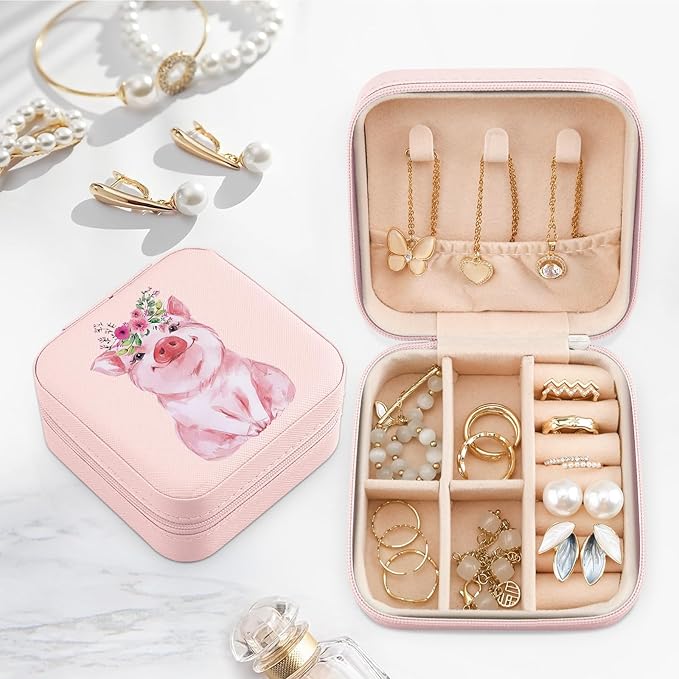 MAYCARI Jewelry Box with Cute Pink Pig Pattern Design, PU Leather Jewelry Travel Organizer Case-Rings/Earrings/Necklace Storage Box for Women Birthday Mom Friends Her Bridesmaids Girls s