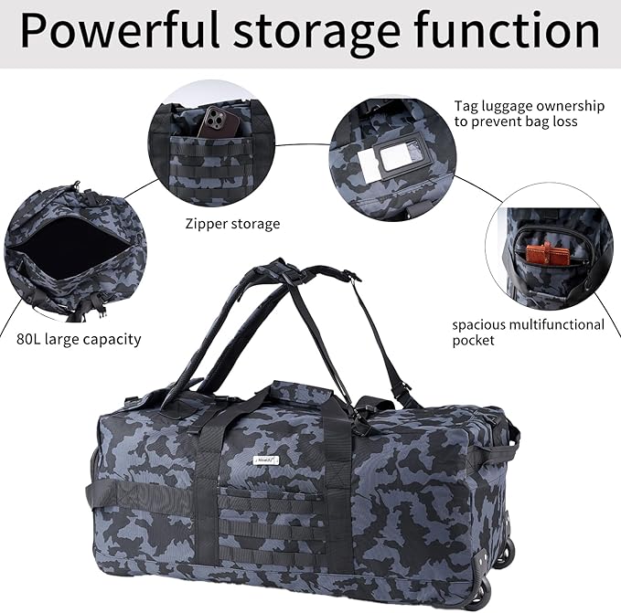 80L Waterproof Rolling Duffel Bag with Quick-Release Straps, Military Tactical Wheeled Foldable For Deployment Traveling Camping Sporting (Camouflage)