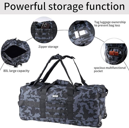 80L Waterproof Rolling Duffel Bag with Quick-Release Straps, Military Tactical Wheeled Foldable For Deployment Traveling Camping Sporting (Camouflage)