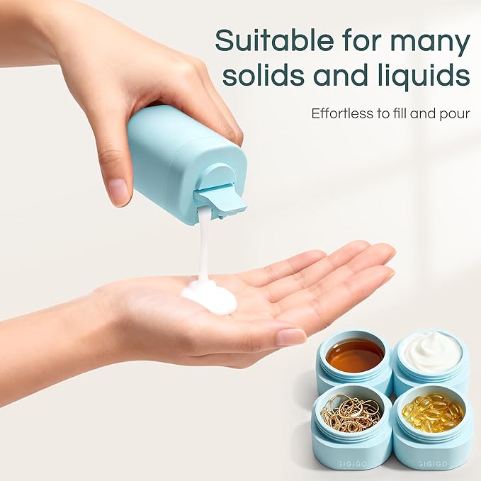 GIGIGO Magnetic Travel Containers Pale Cyan Set, 8-Pack Leakproof Refillable Cosmetic Capsules (0.68/1.69/3.04 fl oz) for Toiletries, Travel Size Jars with Lids & Labels for Skincare, Creams, Lotion