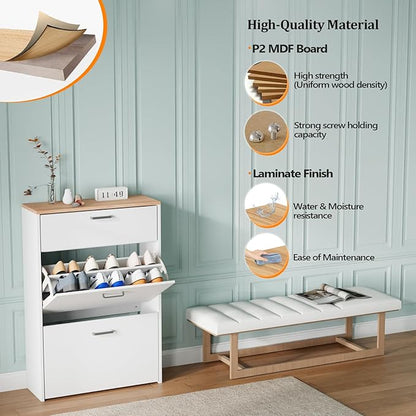 VINGLI Shoe Cabinet Storage for Entryway Ultra Slim with 2 Flip &1Drop-Down Drawers, 24.8" W Narrow Shoe Cabinet for Front Door Entrance,Freestanding Modern White Wood Shoes Organizer for Hallway