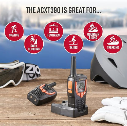 Cobra ACXT390 Walkie Talkies & Compatible Cobra Surveillance Headset - Rechargeable, 22 Channels, Long-Range, 2 Two-Way Radios, 2 Headsets, Black/Orange