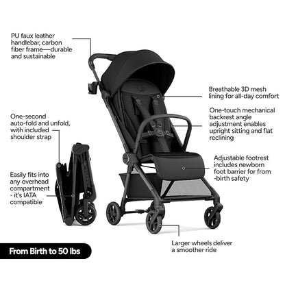 Mompush Nexis Carbon Travel Stroller, Ultra-Lightweight 11.5 lbs, Compact & Airplane Carry-On Approved, One-Second Auto-Fold, One-Hand Full Recline, from Birth to 50 lbs, JPMA Certified