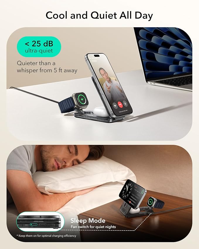 ESR 3 in 1 Charging Station for Apple, Qi2.2 25W MagSafe Charger with CryoBoost, Phone-Cooling Wireless Charging Station, Foldable, for iPhone 17/16 with iOS 26, AirPods, Apple Watch, Frosted Graphite