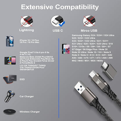 USB C Cable 10ft, USB-A to USB-C Cable USB 3.1 USB 3.2 Gen2 10Gbps Data Charger Cord for Samsung Galaxy S24 S23 S22 S21 S20 S10 S9 S8+, Android Auto USB Cord and iPhone 15/15 Pro, Nylon Braided.