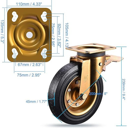 8" Casters Set of 4 Heavy Duty Plate Casters 8 Inch Swivel Industrial Rubber Wheels for Cart Furniture and Workbench Locking Outdoor Dolly Castors Replacement Load 3000Lbs (Free Bolts Nuts and Screws)
