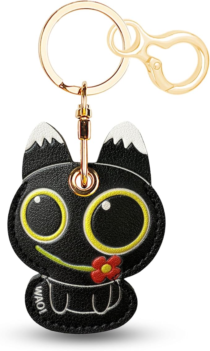 Leather Keychain for Airtag, Cute Protective Keychain Holder Compatible with Apple Air Tag,GPS Item Tracker Case Cover for Keys,Bags,Pets,Luggage(Cat)