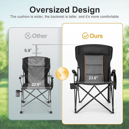 LET'S CAMP Oversized Camping Chairs 29.52" High Back Heavy Duty Lawn Chair Support 500LBS, Portable Collapsible Chair with Cup Holder, Side Pocket,2 Pack(Black)