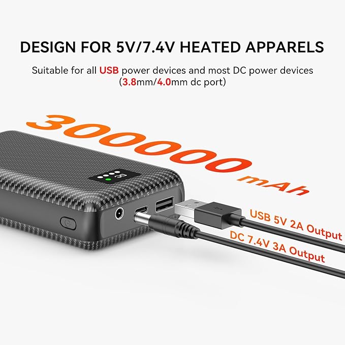 DR.HILL 7.4V Heated Vest Battery Pack, 30000mAh Huge Capacity Power Bank with 3.8MM DC Port and USB Port for Heated Vests Heated Stadium Seat Heated Pants for Men Women