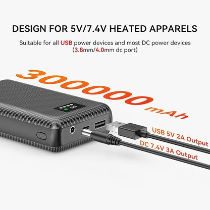 DR.HILL 7.4V Heated Vest Battery Pack, 30000mAh Huge Capacity Power Bank with 3.8MM DC Port and USB Port for Heated Vests Heated Stadium Seat Heated Pants for Men Women