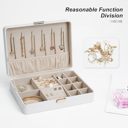 Jewelry Box Secure Travel Jewelry Case Anti-Tarnish Single Layer Organizer for Rings, Earrings, Pendants, Necklaces Compact for Home & Storage White