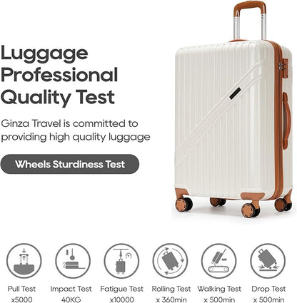 PRIMICIA GinzaTravel Luggage Sets 3-Piece Expandable Suitcases with Wheels PC+ABS Durable Hardside Luggage sets TSA lock（White + Brown）