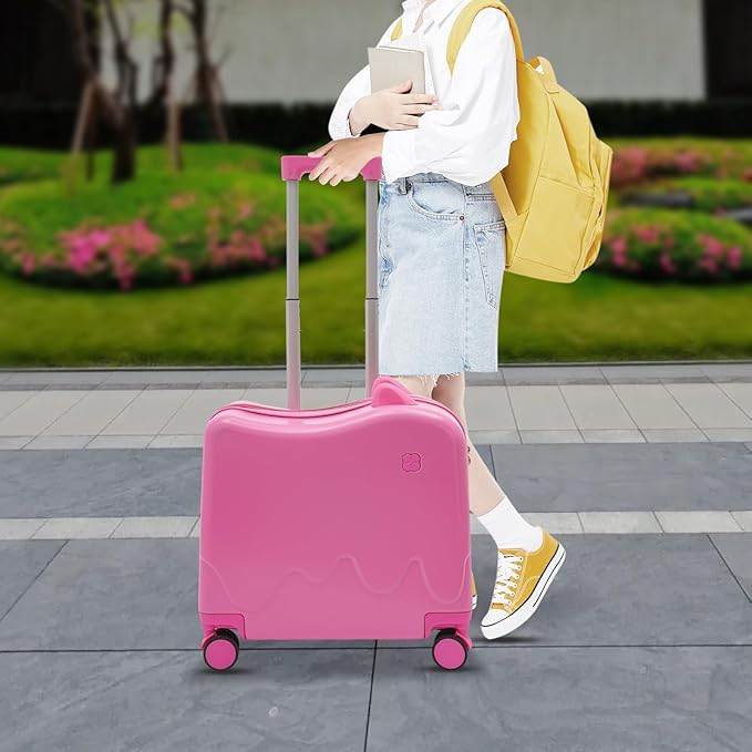 Kids Ride-On Suitcase, 18" Rolling Luggage With Lock, 33.6qt Internal Capacity, Carry on Hardside Trolly Case for Short Trips, Study Tours, Outings (Pink)