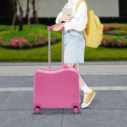 Kids Ride-On Suitcase, 18" Rolling Luggage With Lock, 33.6qt Internal Capacity, Carry on Hardside Trolly Case for Short Trips, Study Tours, Outings (Pink)
