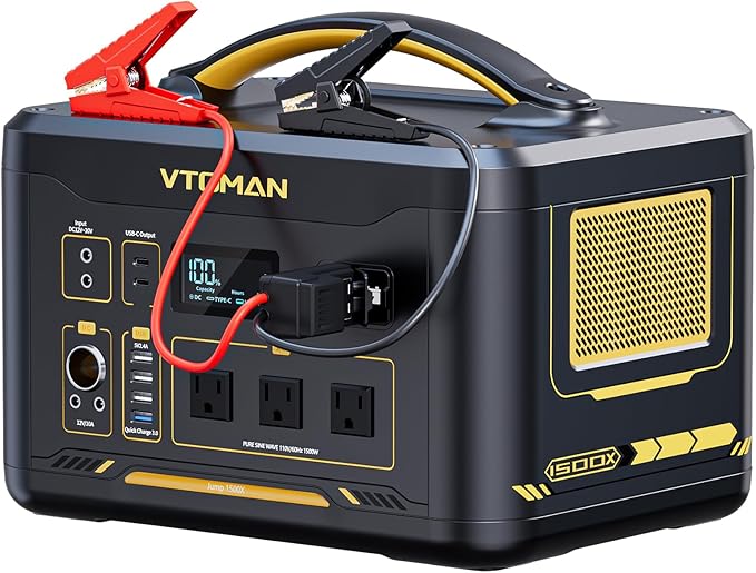 VTOMAN Jump 1500X Portable Power Station with Jumper Cables, 828Wh LiFePO4 Battery Solar Generator & Car Jump Starter, 1500W AC Outlet, 100W PD Type-C&Regulated DC for Home Backup Roadside Emergencies