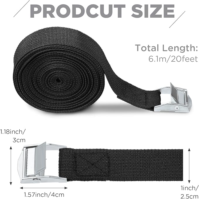 Riakrum 15 Pack 20 Feet Lashing Straps Adjustable Kayaks Tie Down Cam Buckle Straps with Buckles up to 250lbs for Cargo, Luggage, Motorcycles, Truck, Car Roof Rack, Sup Surfboard(Black)