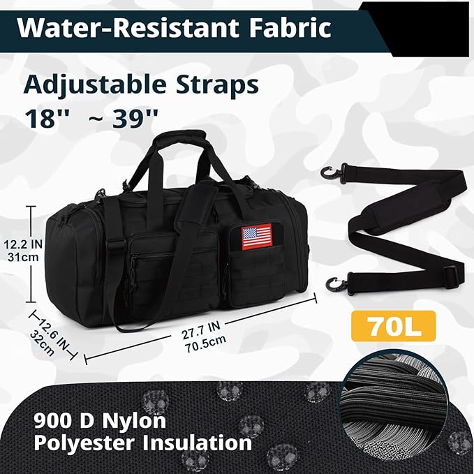 Tactical Gym Bag for Men，70L Large 3 in 1 Sports Duffle Bag with Shoes Compartment for Travel,Water Resistant Travel Backpack Weekender Overnight Bag with Wet Pocket for Women