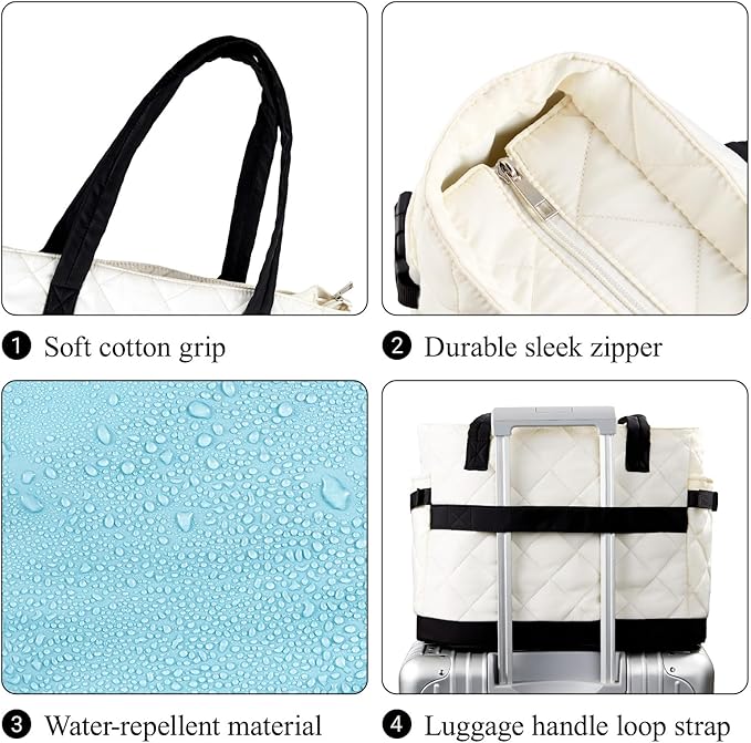 Puffer Tote Bag for Women, Work Bag with Cup Holder, Teacher Bag with Compartments, Quilted Tote Bag with Zipper for Travel