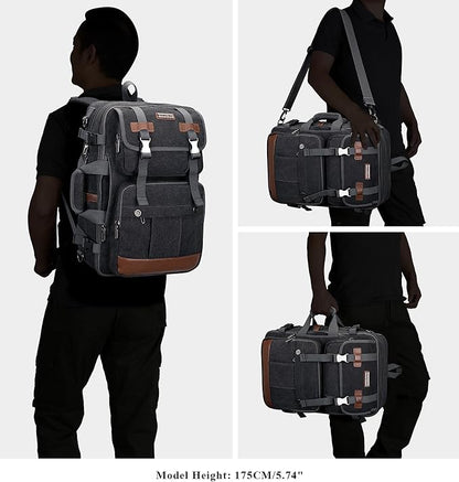 WITZMAN Canvas Travel Backpack for Men Large Laptop Backpack Fit 16 inch Carry-on Airline Approved Convertible Shoulder Rucksack(A6617-3 Black)