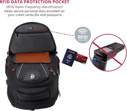 Swissdigital Design Travel Backpack for men, TSA Friendly USB Charging RFID Protection Business Backpack Fits 15.6" Laptops Black | J14-BR