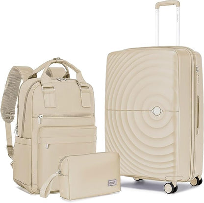 LARVENDER Carry On Luggage 22x14x9 Airline Approved, Expandable PP 20 inch Carry On Suitcases with Wheels, Lightweight Luggage Sets 3 Pieces for Women(CHAMPAGNE/20/BP/TB)