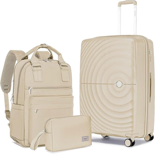 LARVENDER Carry On Luggage 22x14x9 Airline Approved, Expandable PP 20 inch Carry On Suitcases with Wheels, Lightweight Luggage Sets 3 Pieces for Women(CHAMPAGNE/20/BP/TB)