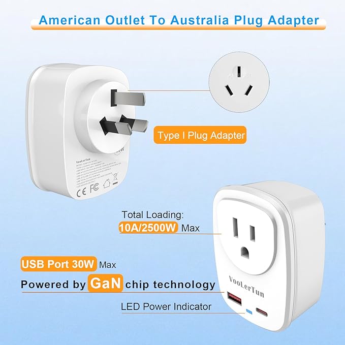 Type I Plug Adapter, VooLerTun Australia Travel Adapter with 30W Fast Charge Power Adapter Dual Ports compatiblecell Phone Camera, 1 American Outlet Adapter, US Converter for New Zealand Travel