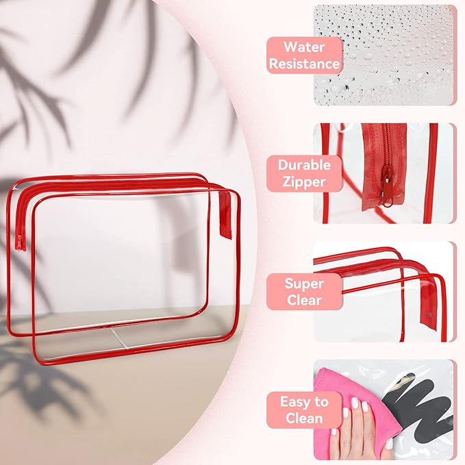 TISRATOK 12 PCS Clear Makeup Bag for Women with Zipper, TSA Approved Toiletry Pouch, Cosmetic Bag Bulk for Travel Organizer Essentials - Red, Large