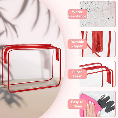TISRATOK 12 PCS Clear Makeup Bag for Women with Zipper, TSA Approved Toiletry Pouch, Cosmetic Bag Bulk for Travel Organizer Essentials - Red, Large