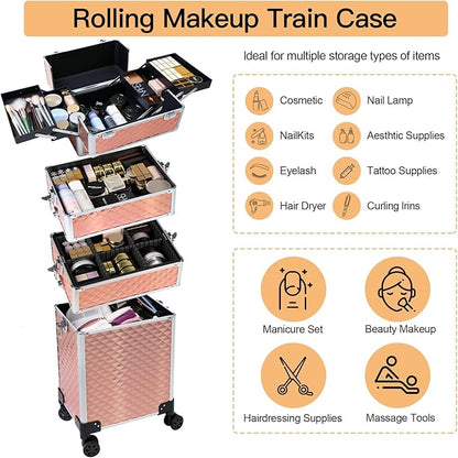 Professional Rolling Makeup Case, Cosmetology Case on Wheels 4 in 1 Large Cosmetic Train Case, Ideal Gift for Hairstylist, Nail Techs, Portable Beauty Organizer for Travel or Salon Use