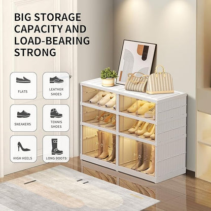 3-Tier Foldable Shoe Rack Organizer for Closet 12Pairs Plastic Shoe Shelf Collapsible Shoes Storage Box Clear Shoe Boxes Stackable with Door Easy Assembly Shoe Cabinet with Lids Large