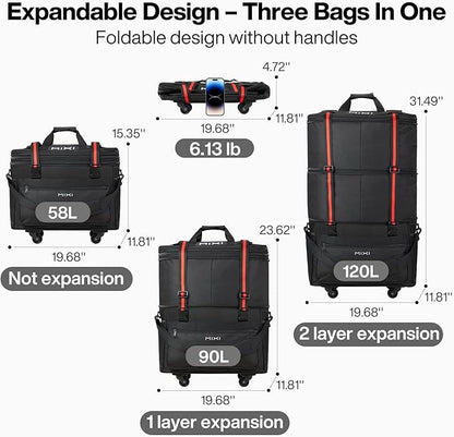 mixi Travel Bag with Wheels Expandable Foldable Luggage Bag Collapsible Rolling Travel Bag Duffel Bag Large Capacity Suitcase for Men Women, Black