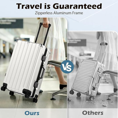 Krute Checked Aluminum Frame Suitcase 24 Inch Zipperless Luggages Hardside PC Luggage With Spinner Wheels TSA Lock USB Charger Suitcases(1 Piece)