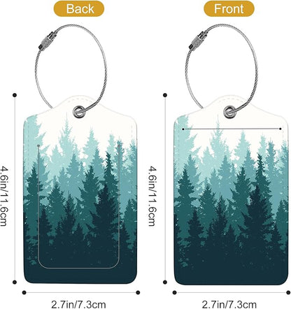 2Pack Luggage Tags for Suitcases, Cute Unique Pu Leather Cruise Luggage Tag with Privacy Cover ID Label Address Card and Metal Ring Suitable for Women Men Kids Travel Bag Green Forest