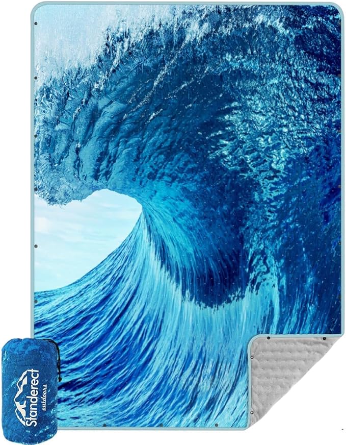 Outdoor Camping Quilt, Warm Thick Blanket with Polar Fleece Packable Down Wearable Camp Blankets with Snap Buttons Soft Puffy Camping Quilt for Cold Weather (Waves, 76'' x 56'')