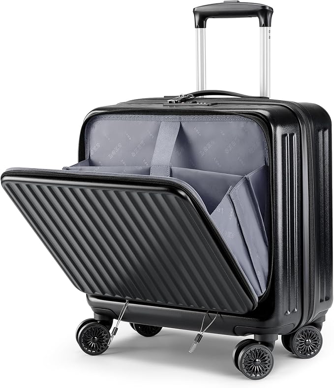 Lekebobor 16 Inch Small Carry on Luggage with Wheels, Airline Approved Hard Shell Suitcase with TSA Lock Front Pocket for Travel for Women Men, Black