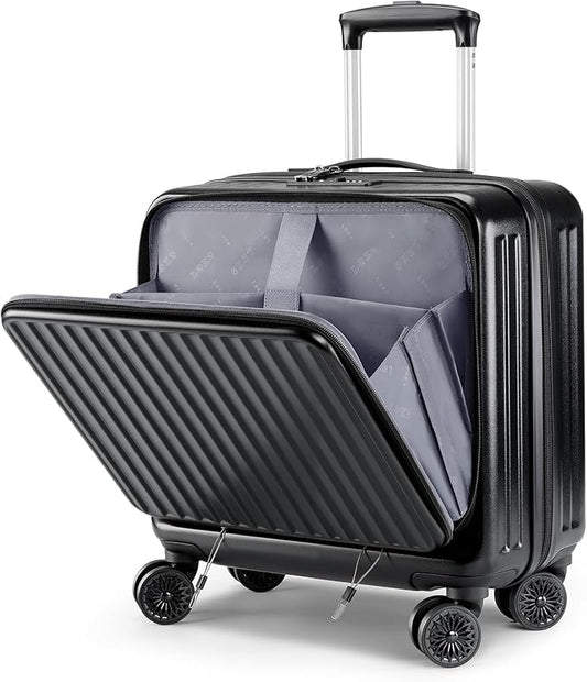 Lekebobor 16 Inch Small Carry on Luggage with Wheels, Airline Approved Hard Shell Suitcase with TSA Lock Front Pocket for Travel for Women Men, Black