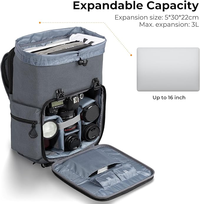 K&F CONCEPT Camera Backpack, Hard Shell Camera Bag, Large Capacity Photography Backpack with 15.6" Laptop Compartment & Tripod Holder & Rain Cover