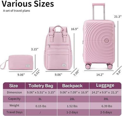LARVENDER Carry On Luggage Set 22x14x9 Airline Approved, Expandable 20 Inch Carry-On Suitcases With Wheels, Lightweight Luggage Sets 3 Pieces With Backpack, Light Pink