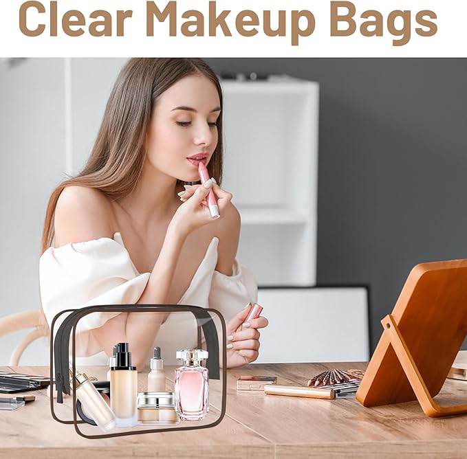 4 Pcs Clear Toiletry Bag, Portable Makeup Cosmetic Bags Pouch with Zipper, PVC Clear Travel Pouch for Women Men - Brown